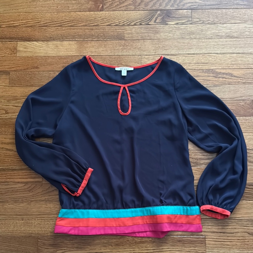 Navy blue Blouse with Red pink and Teal Accents L
